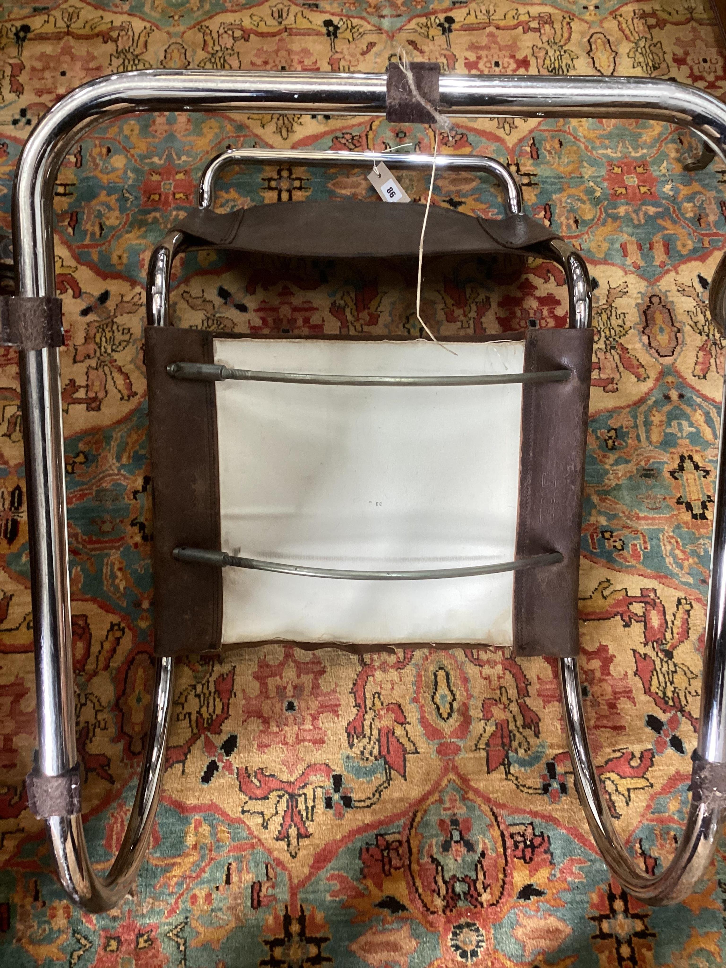 Mies Van Der Rohe for Thonet, a set of six mid century MR10 cantilever chairs with tan leather pads, width 50cm, depth 74cm, height 82cm. Condition - fair
